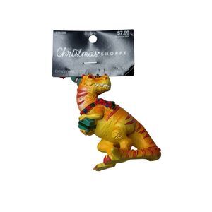 The Christmas Shoppe Orange Red T-rex Dinosaur w Present Ornament NWT Brand New